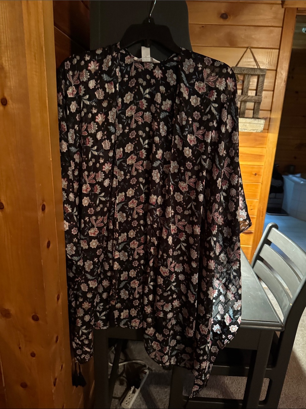 LC Lauren Conrad Black Floral Kimono Cover-Up with Pink and Cream Blooms